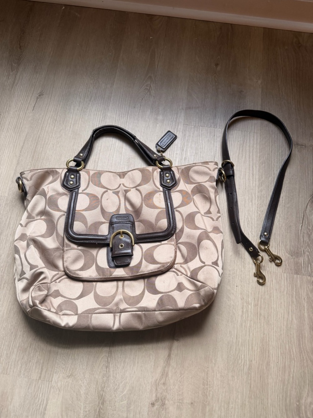 Coach Beige Signature Canvas Shoulder Bag with Brown Leather Trim